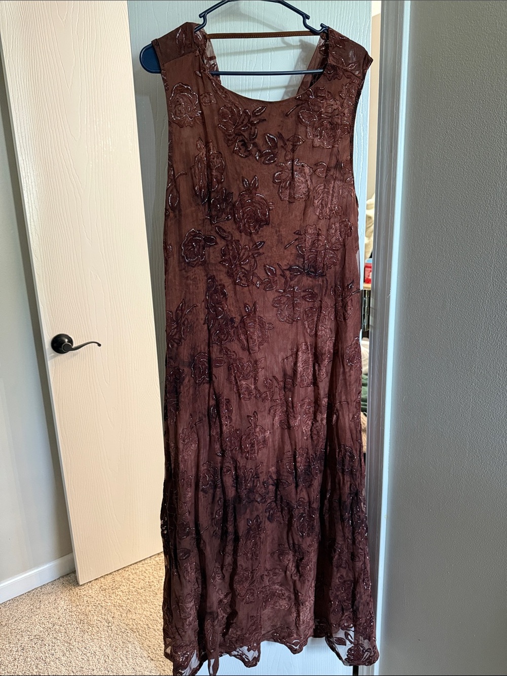 Brown Floral Embroidered Sleeveless Dress